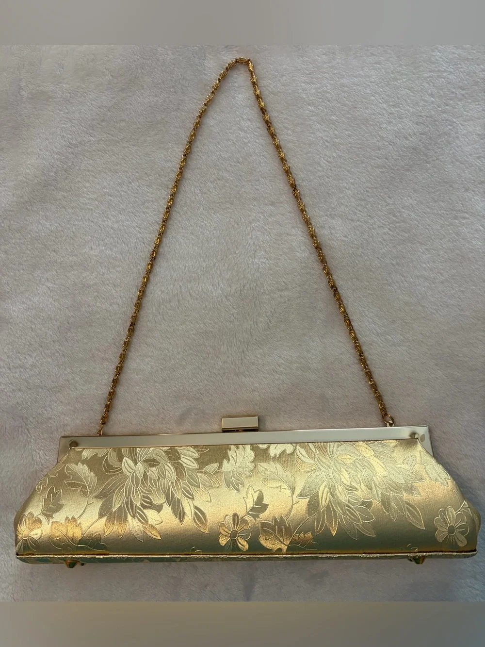 Gold Floral Embossed Evening Clutch with Chain Strap